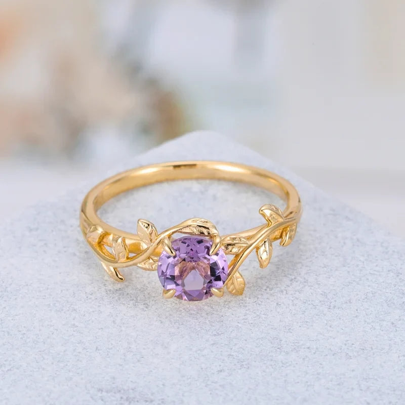 Leaf Branch Amethyst Ring Natural Amethyst Round Cut