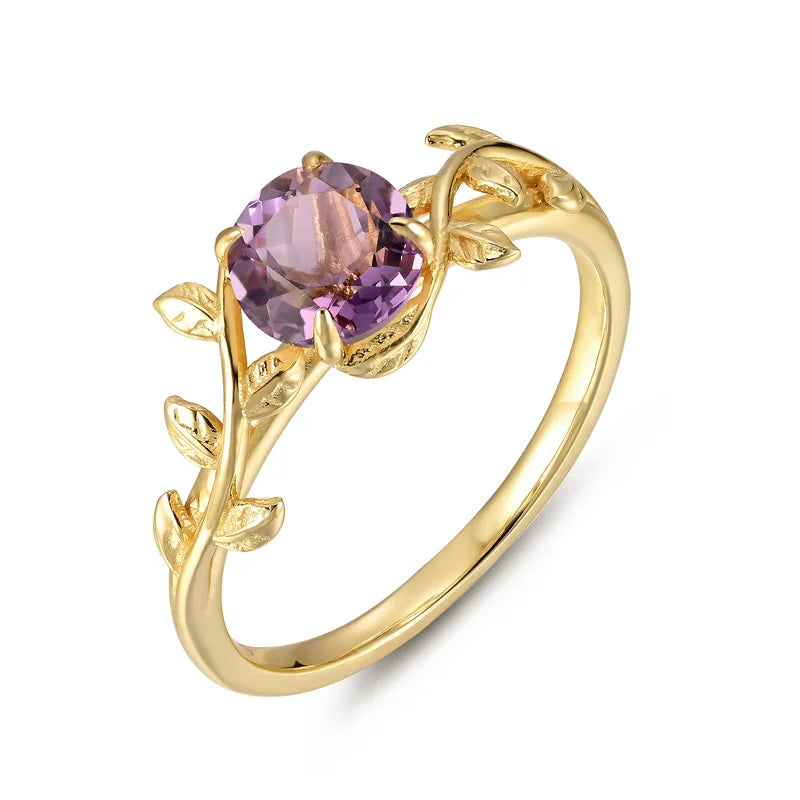 Leaf Branch Amethyst Ring Natural Amethyst Round Cut