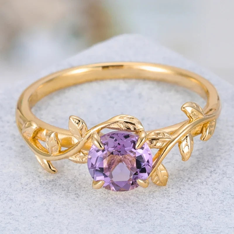 Leaf Branch Amethyst Ring Natural Amethyst Round Cut