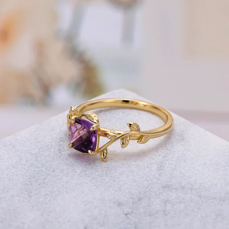 Leaf Branch Natural Amethyst Ring Cushion Shaped