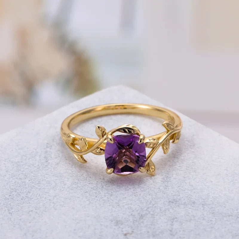 Leaf Branch Natural Amethyst Ring Cushion Shaped