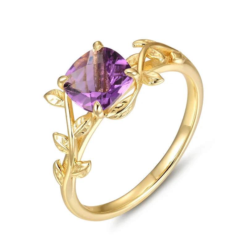 Leaf Branch Natural Amethyst Ring Cushion Shaped