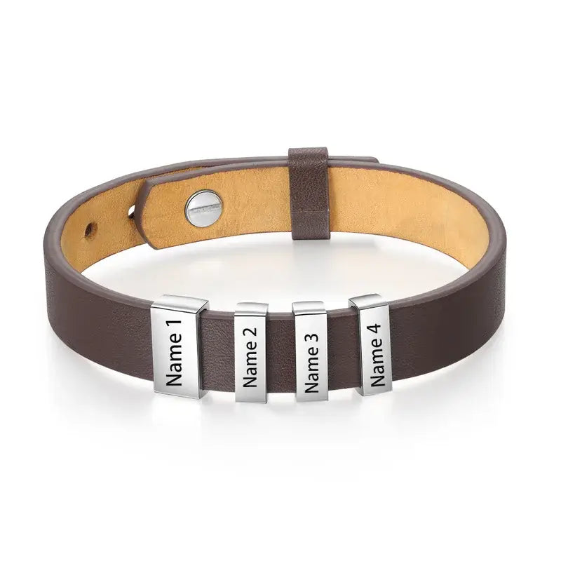 Leather Men's Personalised Bracelet with 2-5 Engraved Name Beads