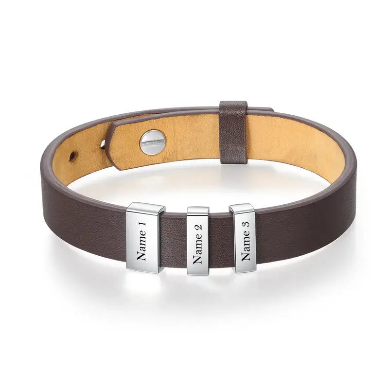 Leather Men's Personalised Bracelet with 2-5 Engraved Name Beads