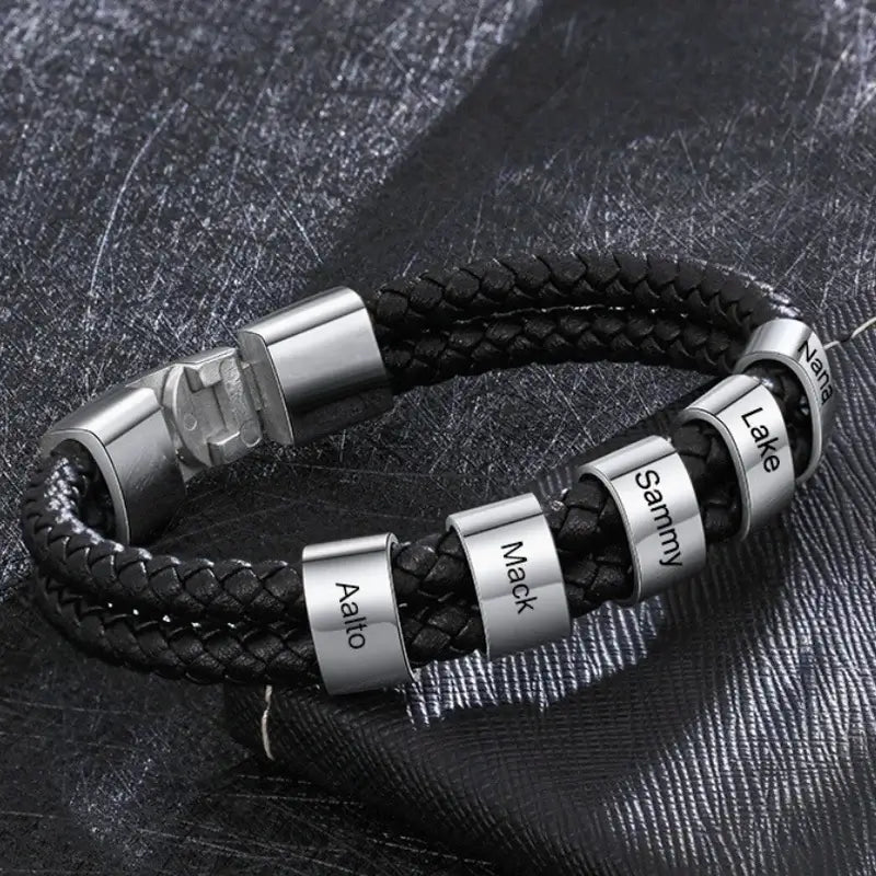 Personalised Men's Bracelet - Leather Engraved Bracelet with 1-8 Name Beads