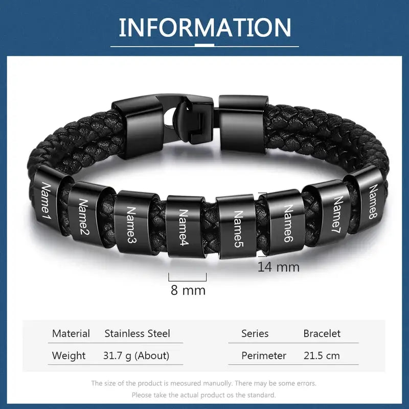 Personalised Men's Bracelet - Leather Engraved Bracelet with 1-8 Black Name Beads