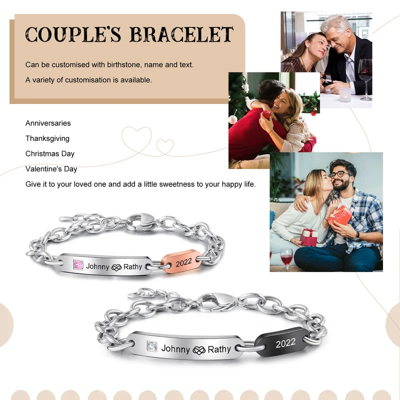 Matching Bracelets for Couples | Matching Couples Bracelets | His and Her Bracelets with Birthstone and Names | 2 Pieces