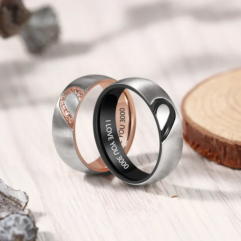 Matching Heart Couple Rings | Engraved Ring Set | His and Hers Ring