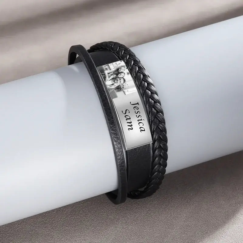 Mens Leather Bracelet with Photo - Mens Engraved Names Bracelet