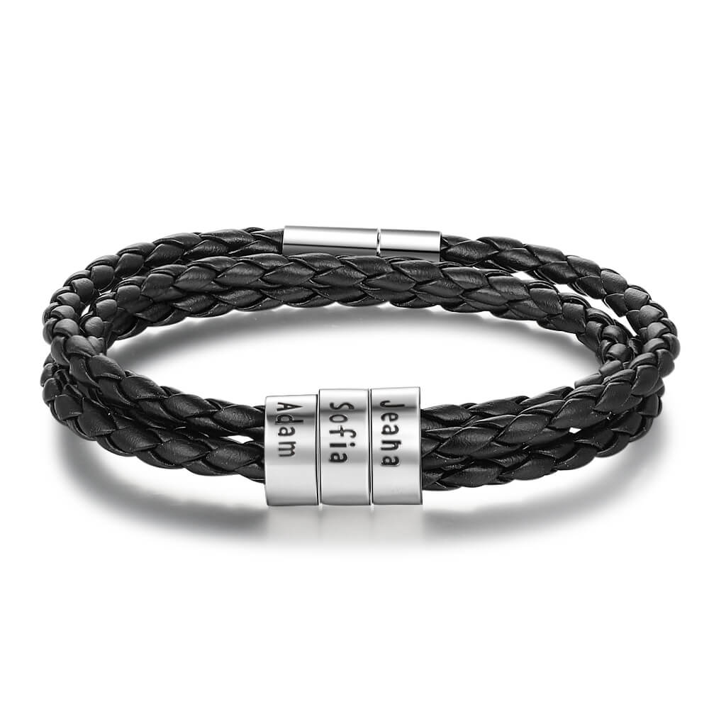 Personalised Men's Leather Bracelet - Men's Engraved 3 Names Bracelet - Sterling Silver Beads