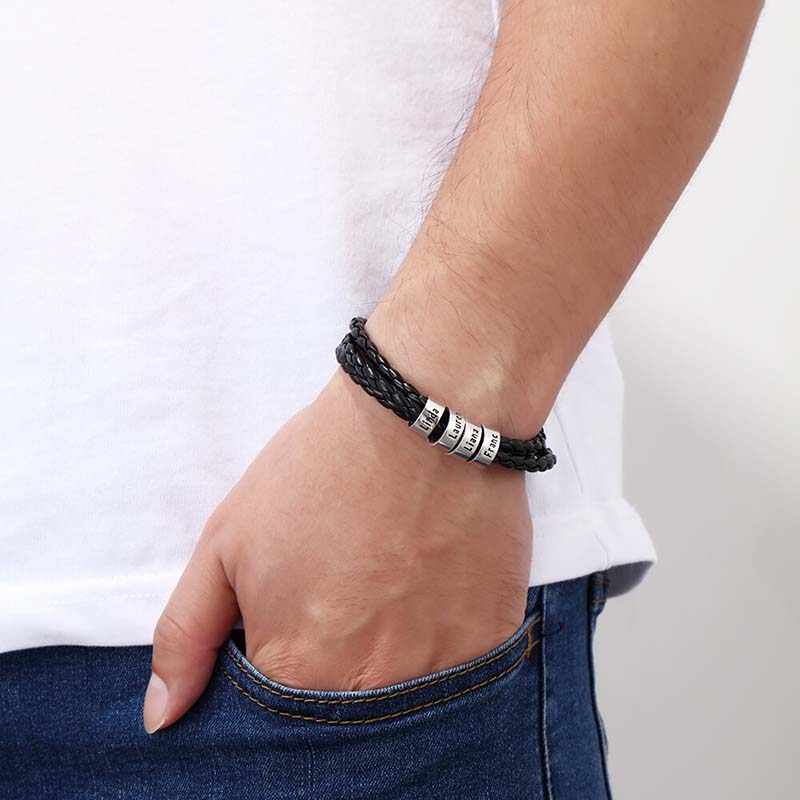 Personalised Men's Leather Bracelet - Men's Engraved 4 Names Bracelet - Sterling Silver Beads