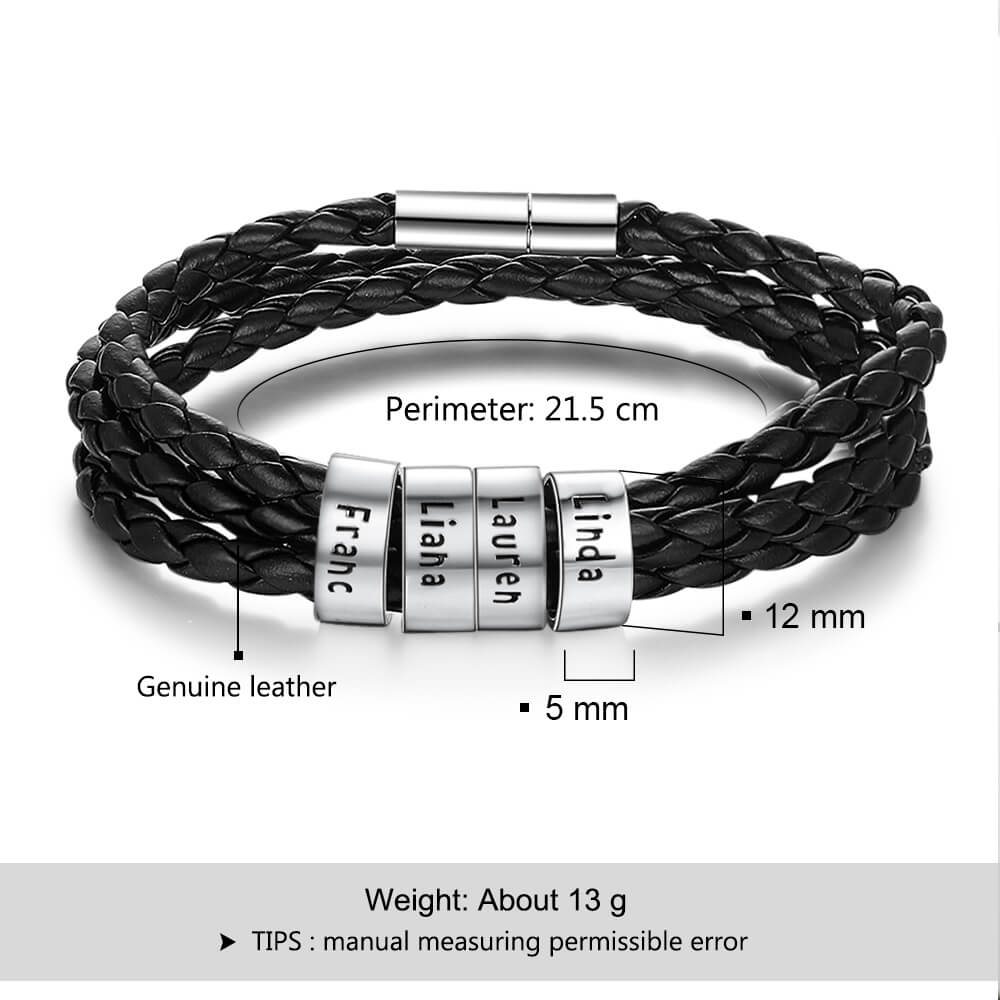 Personalised Men's Leather Bracelet - Men's Engraved 4 Names Bracelet - Sterling Silver Beads