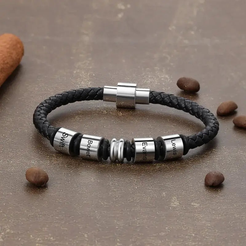 Men's Leather Personalised Bracelet with 4 Engraved Name Beads