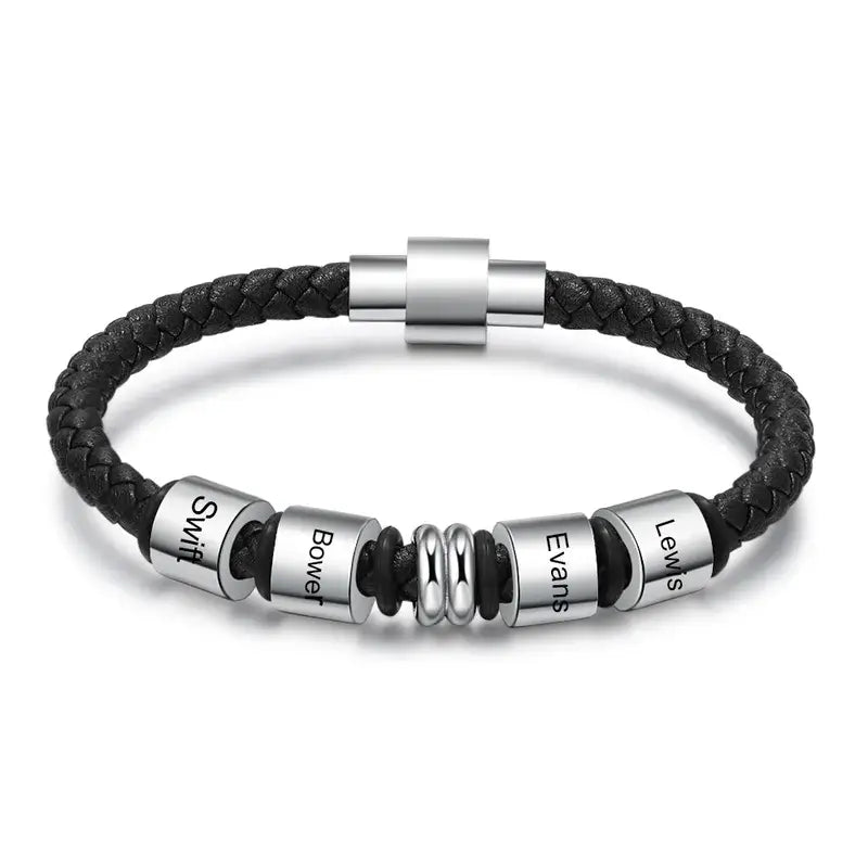 Men's Leather Personalised Bracelet with 4 Engraved Name Beads