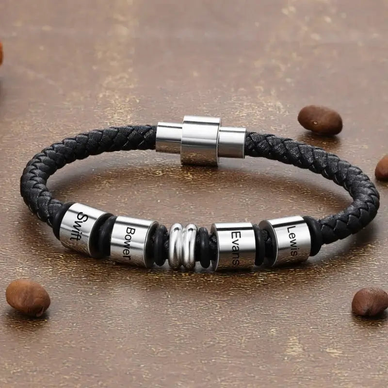 Men's Leather Personalised Bracelet with 4 Engraved Name Beads