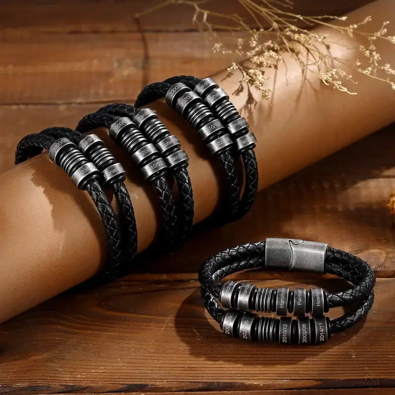 Mens Multi-Strand Leather with Black Steel Beads Bracelet