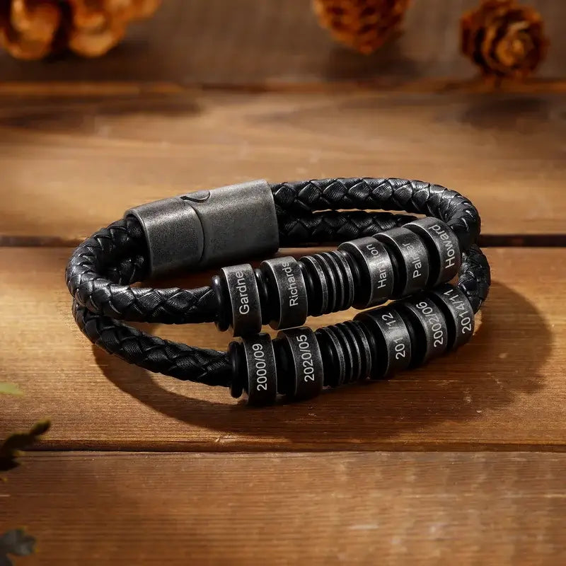 Mens Multi-Strand Leather with Black Steel Beads Bracelet