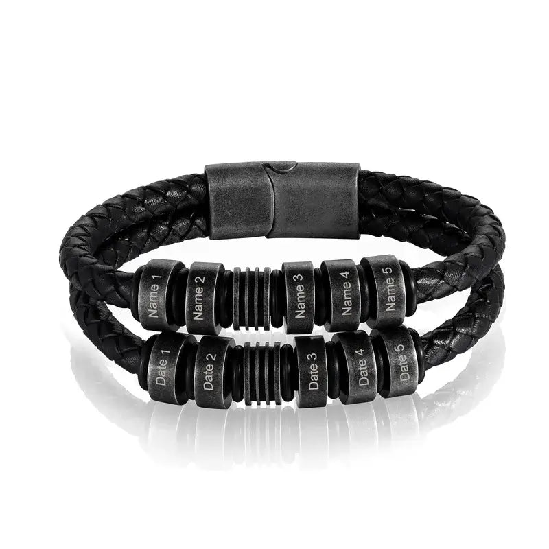 Mens Multi-Strand Leather with Black Steel Beads Bracelet