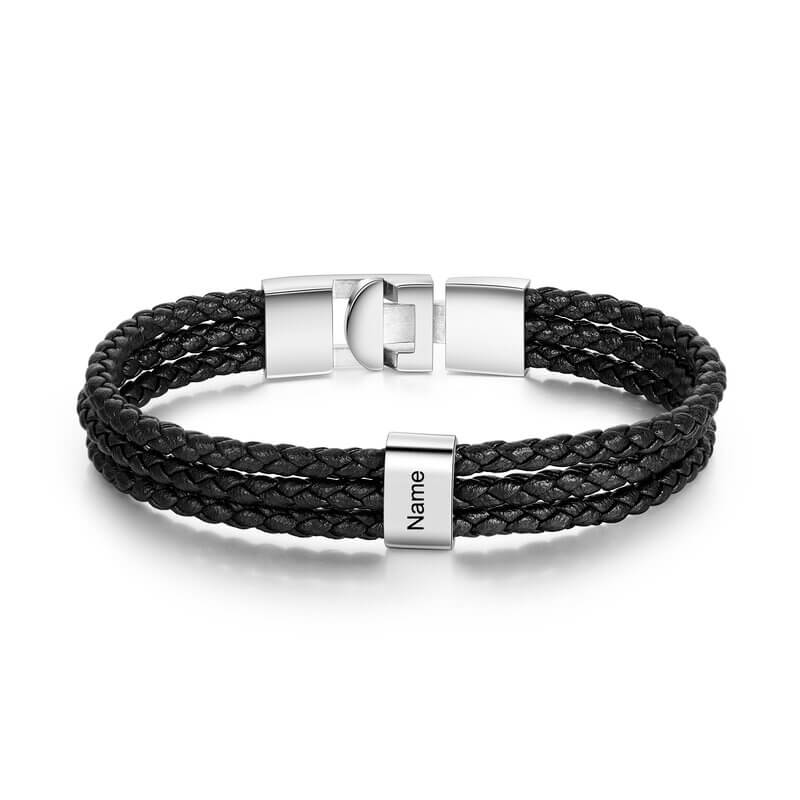 Men's Personalised Black Leather Bracelet with Engraved names - Up to 8 Beads