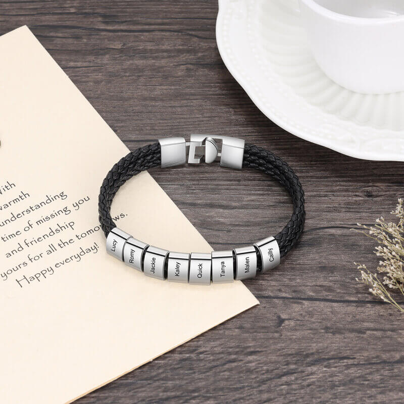 Men's Personalised Black Leather Bracelet with Engraved names - Up to 8 Beads