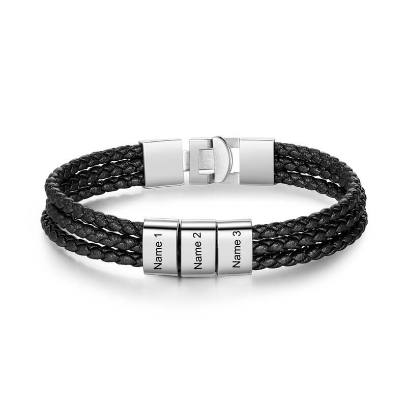 Men's Personalised Black Leather Bracelet with Engraved names - Up to 8 Beads