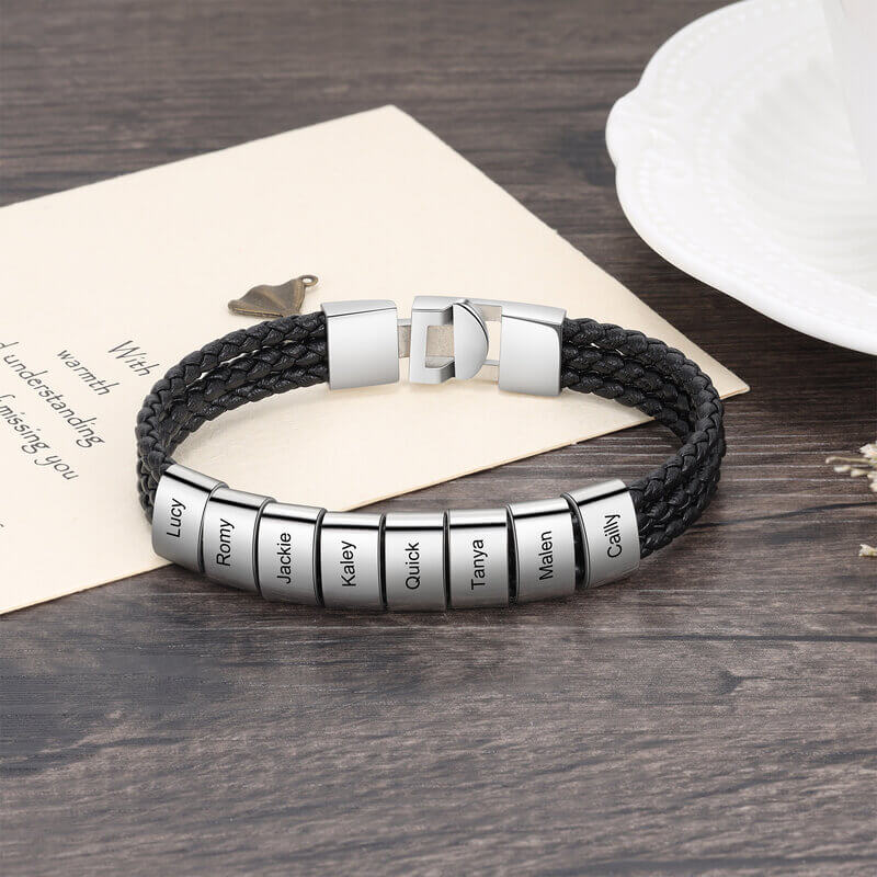 Men's Personalised Black Leather Bracelet with Engraved names - Up to 8 Beads