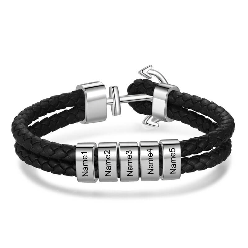 Men's Leather Personalised Engraved Beads Anchor Bracelet