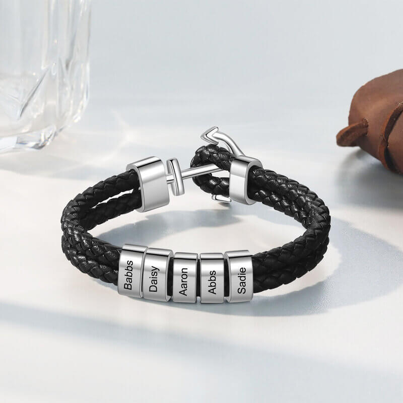 Men's Leather Personalised Engraved Beads Anchor Bracelet