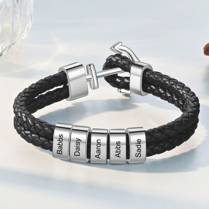 Men's Leather Personalised Engraved Beads Anchor Bracelet