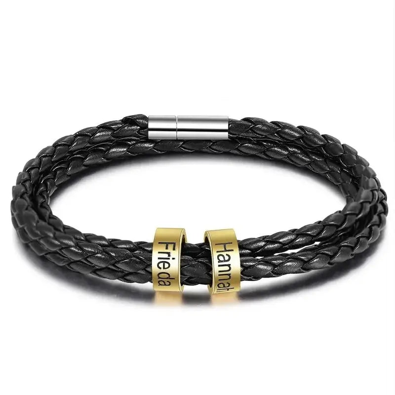 Men's Personalised Leather Bracelet with 2-5 Engraved Gold Beads