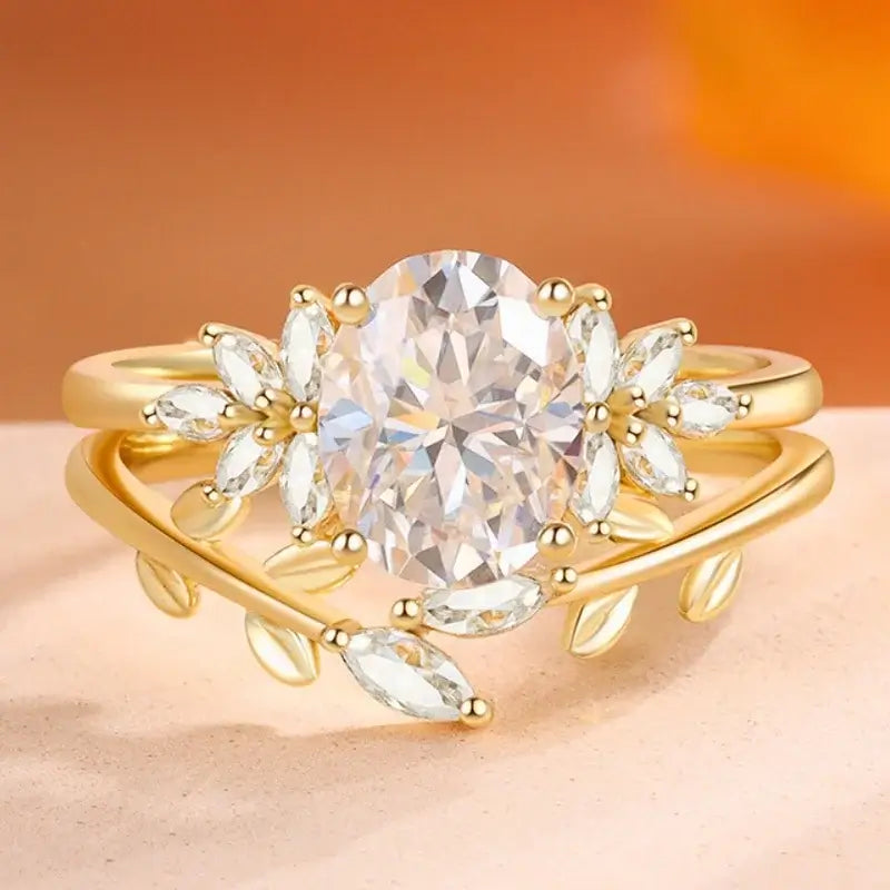 Moissanite Wedding Ring Set Oval Shaped 18K Yellow Gold