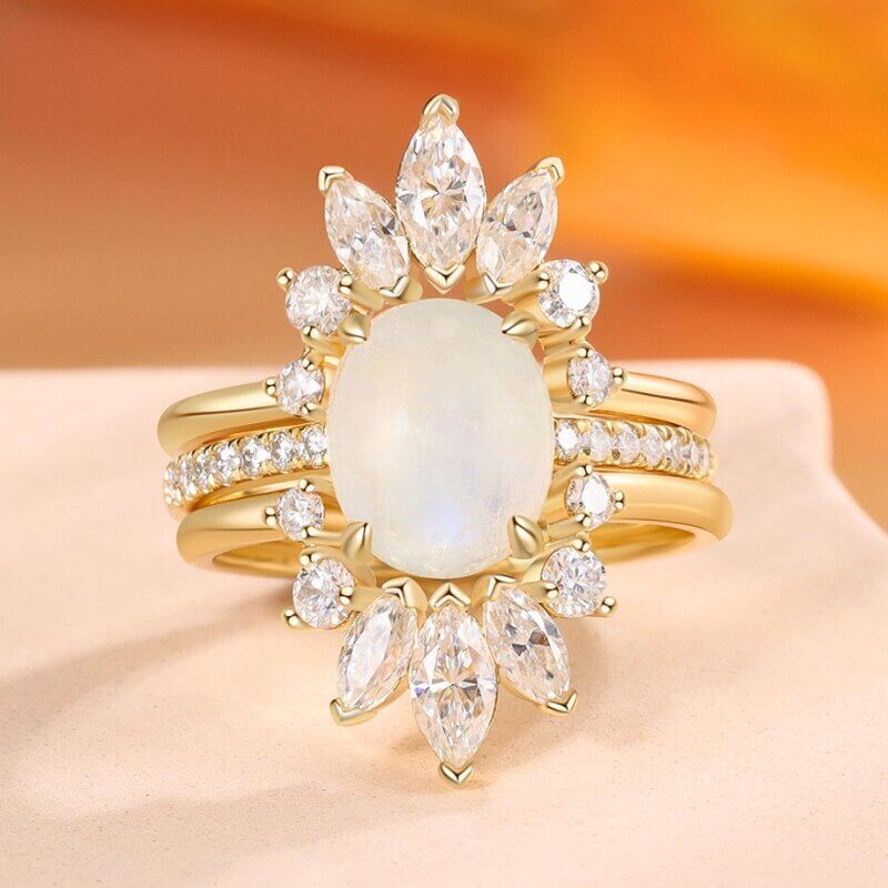 Moonstone Ring Engagement Ring Set Oval Shaped