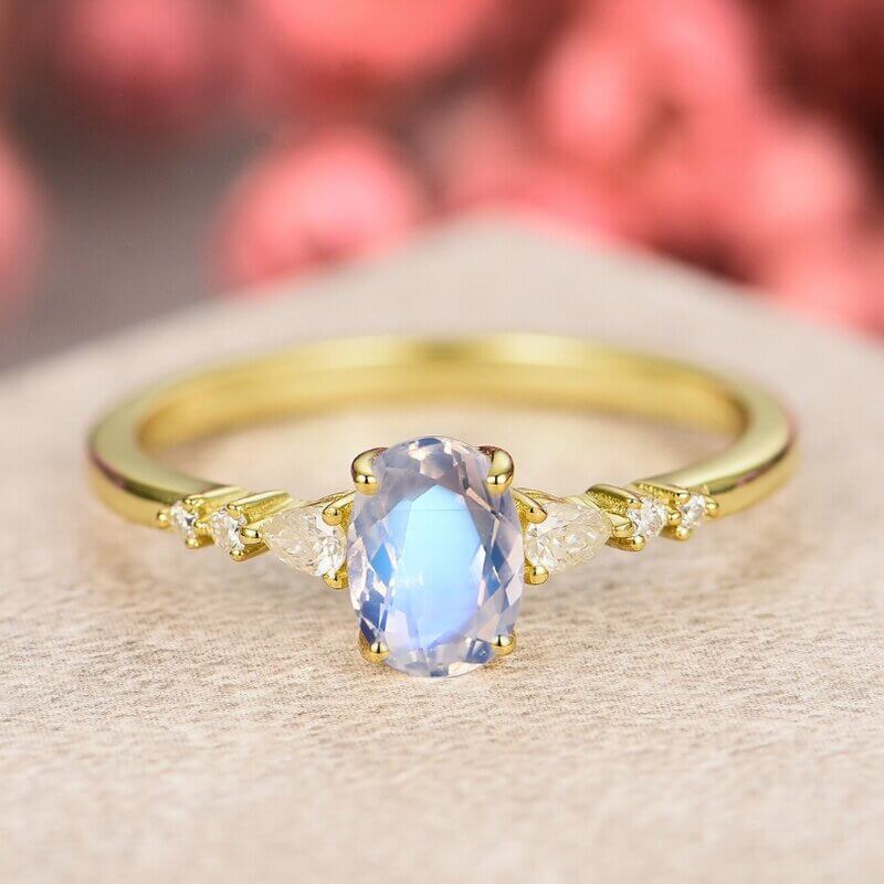 Moonstone Ring Oval Cut Sterling Silver Yellow Gold