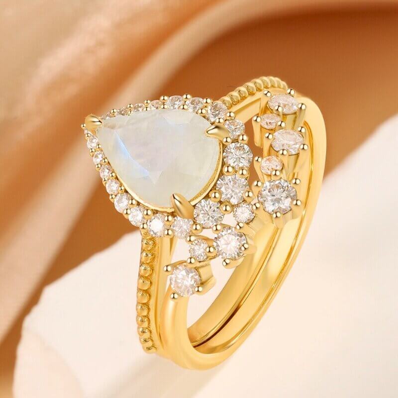 Natural Moonstone Engagement Ring Set Pear Shaped