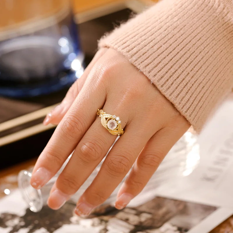 Natural Moonstone Ring Sterling Silver Round Shaped