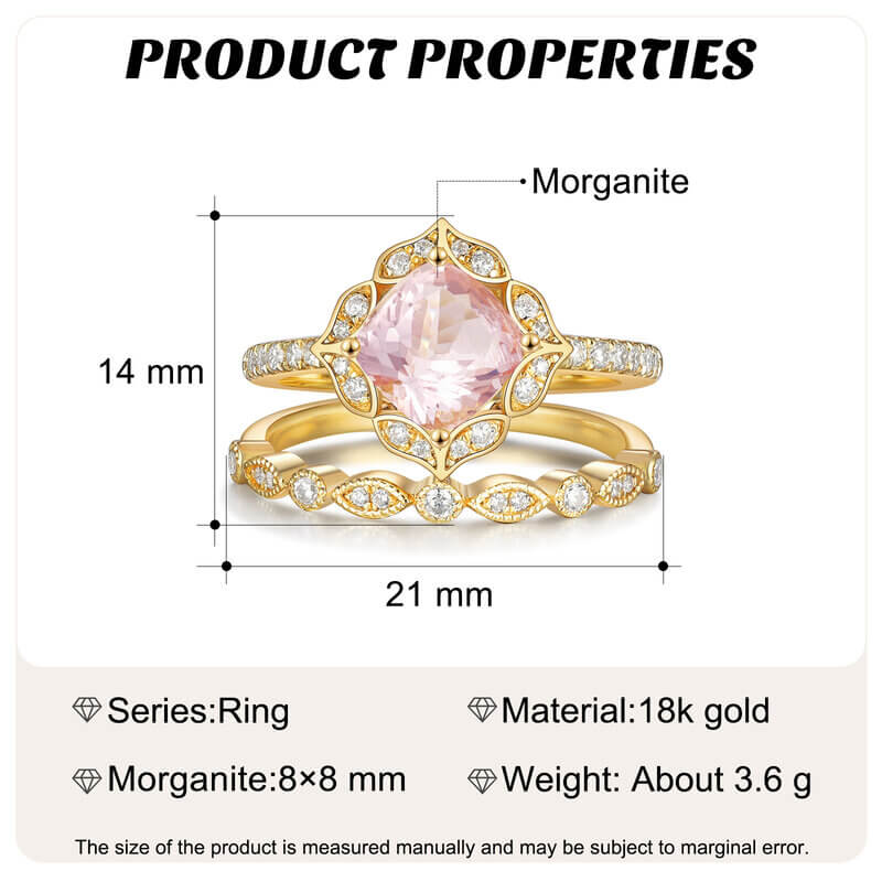 Natural Morganite Engagement Ring Set with Moissanite 14/18k Yellow Gold