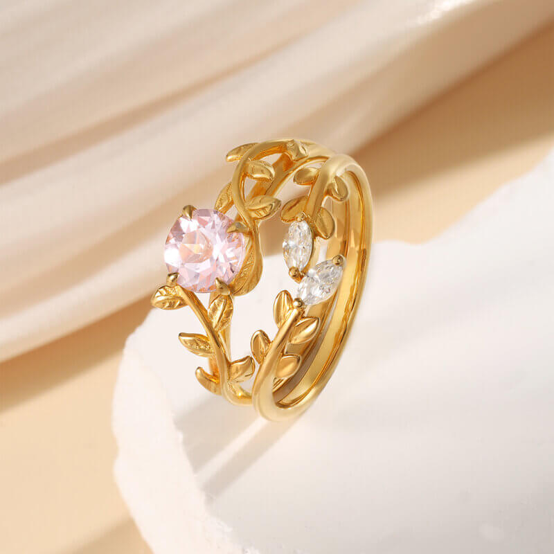 Natural Morganite Leaves Engagement Ring Round Shaped 18k Yellow Gold