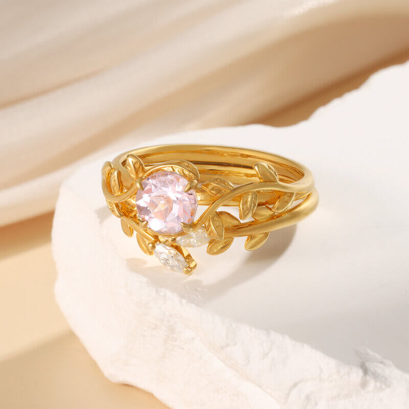 Natural Morganite Leaves Engagement Ring Round Shaped 18k Yellow Gold