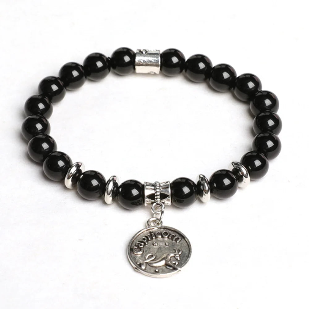 Obsidian Crystal Bracelet with Round Zodiac Charm