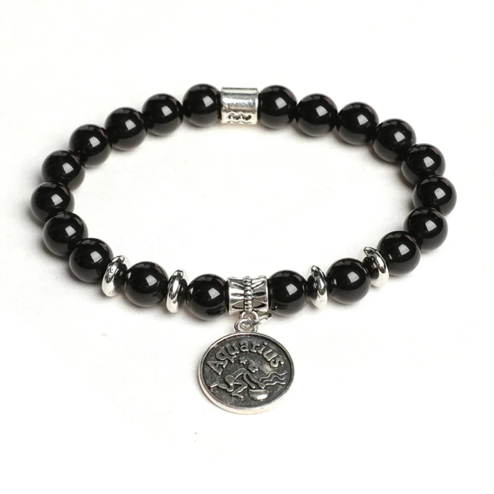 Obsidian Crystal Bracelet with Round Zodiac Charm