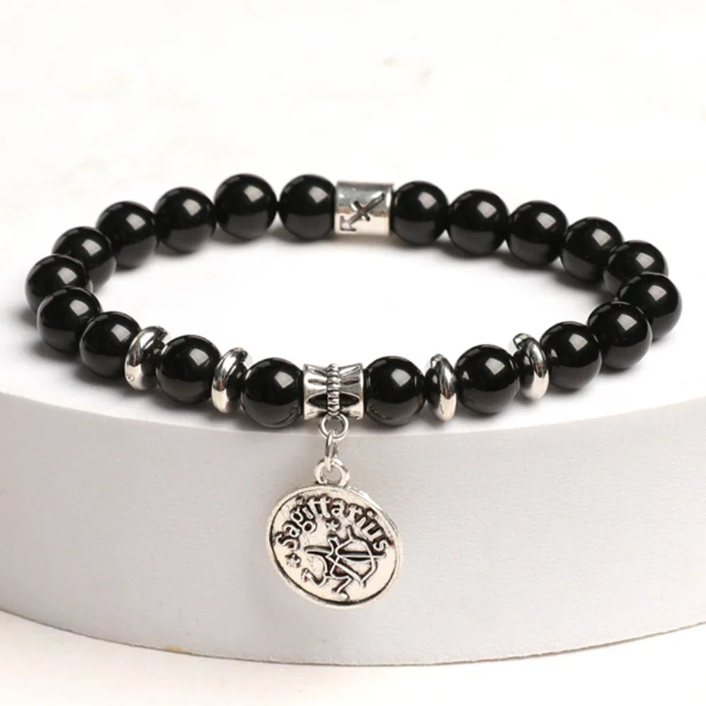 Obsidian Crystal Bracelet with Round Zodiac Charm