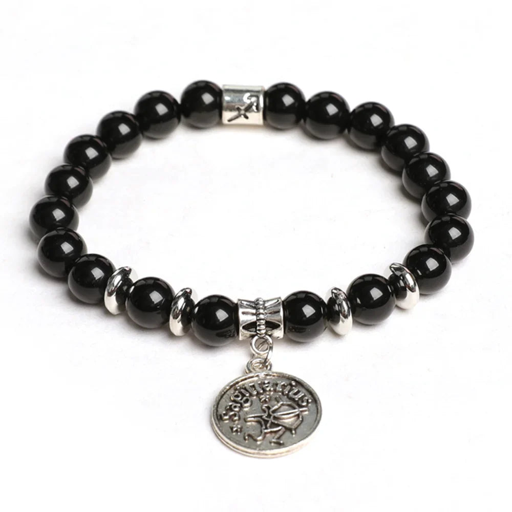 Obsidian Crystal Bracelet with Round Zodiac Charm