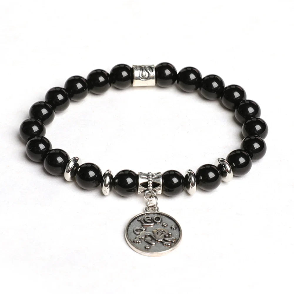 Obsidian Crystal Bracelet with Round Zodiac Charm