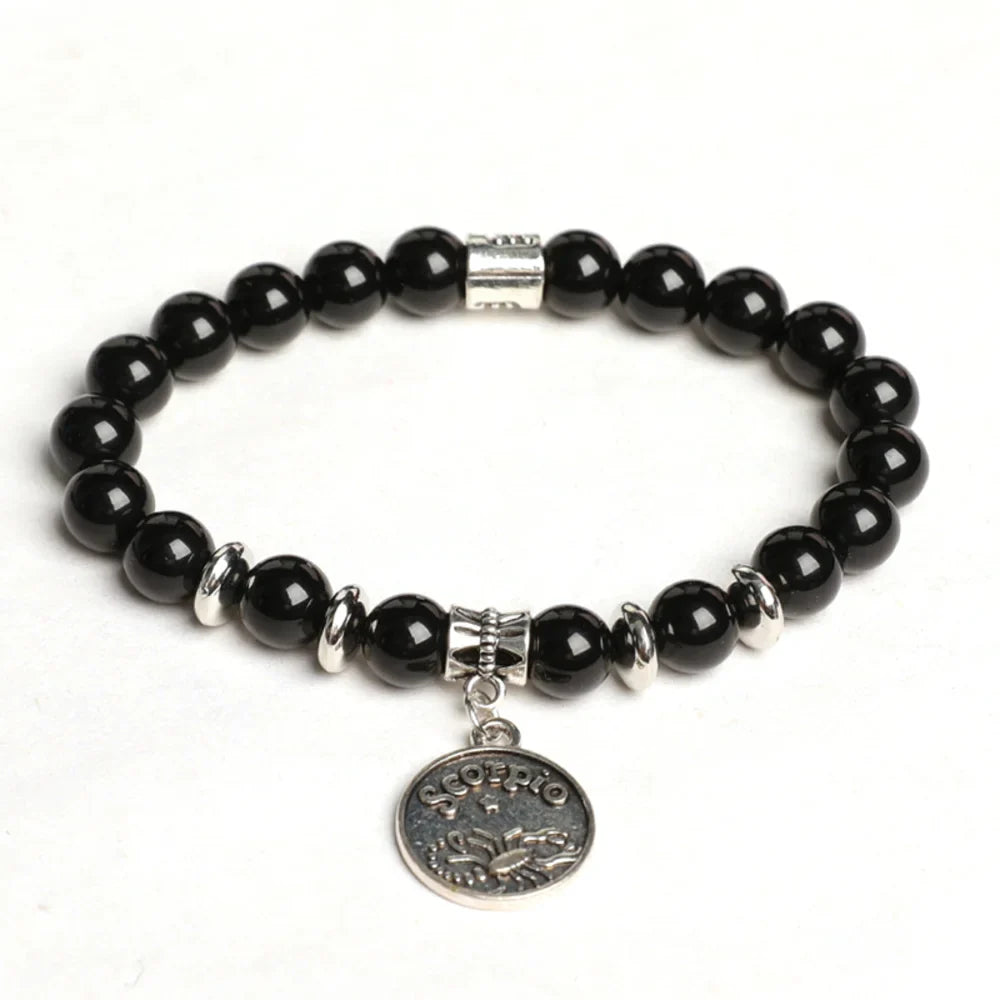 Obsidian Crystal Bracelet with Round Zodiac Charm