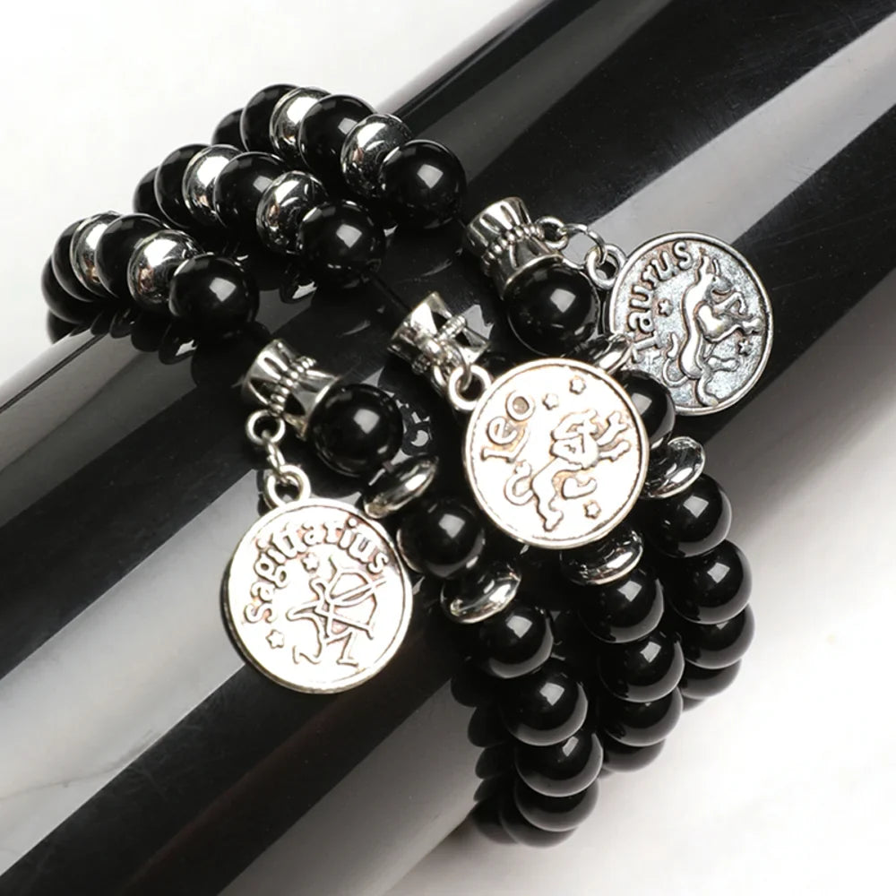 Obsidian Crystal Bracelet with Round Zodiac Charm