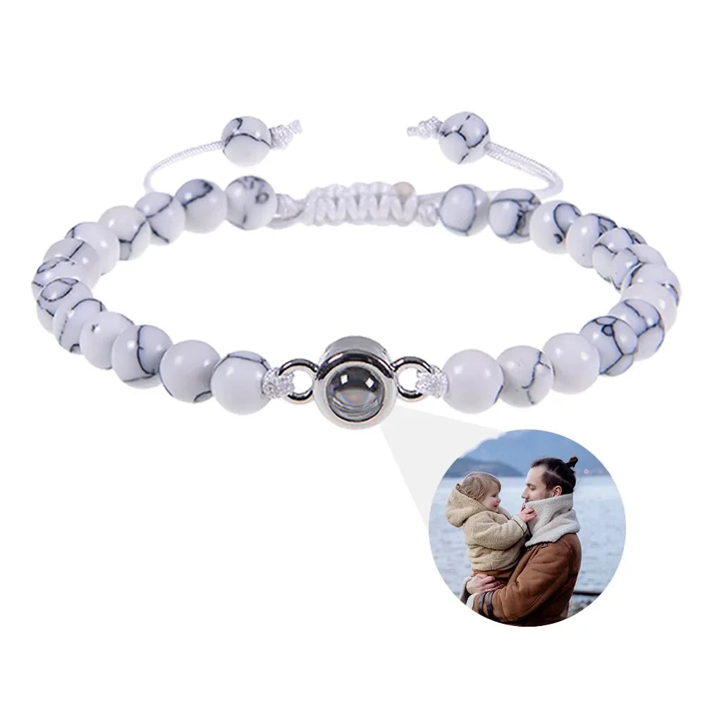 White Onyx Stone Photo Bracelet, Beaded Bracelet with Picture Inside, Photo Projection Beaded Bracelet for Women