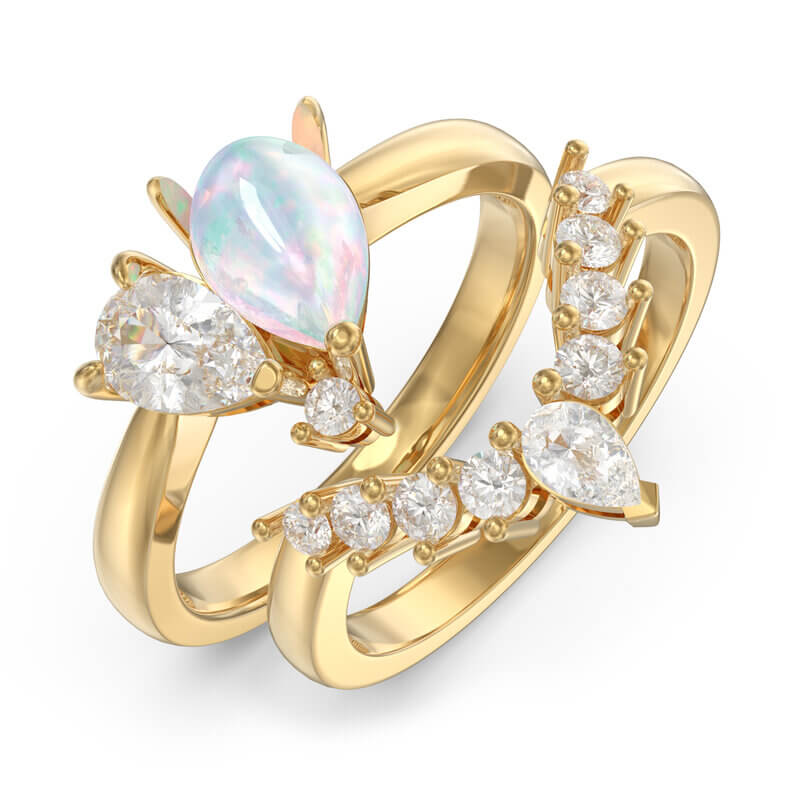 Engagement Ring Set Two Pear Shaped Stone - Opal and Moissanite