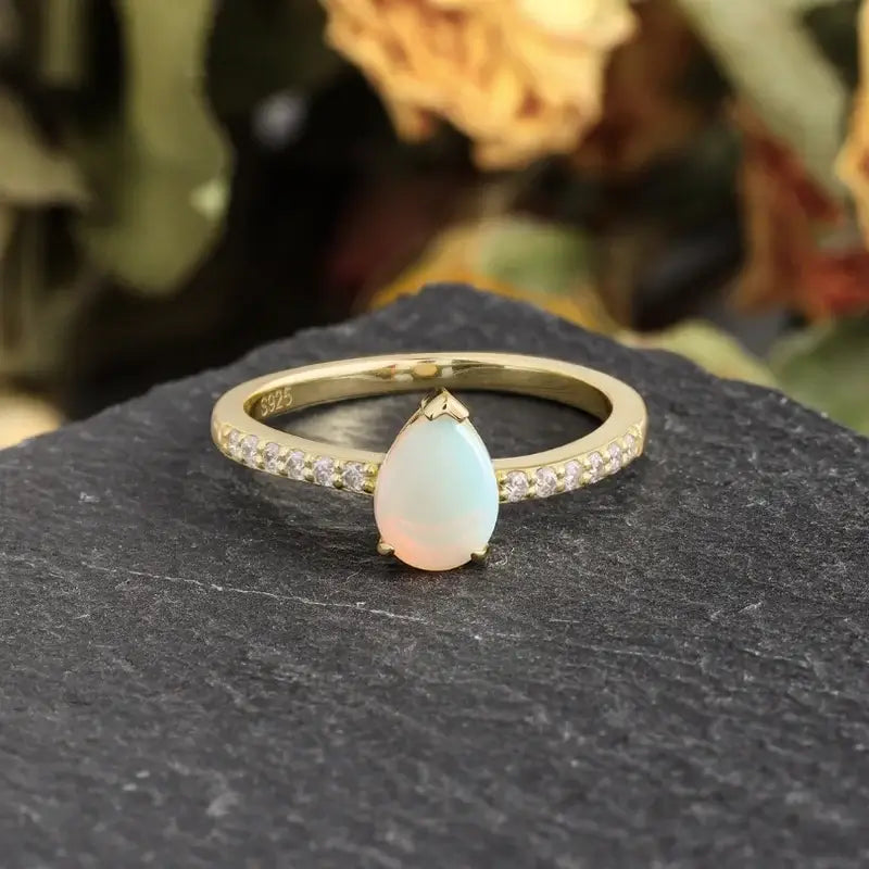 Opal Wedding Ring with Moissanite Pear Shaped Sterling Silver