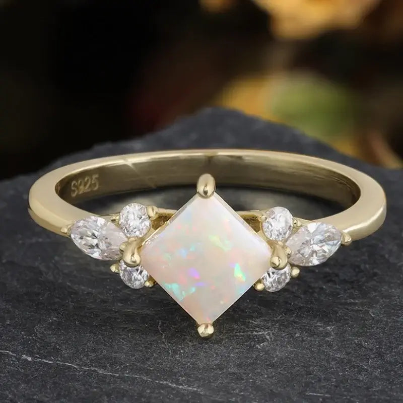 Opal Wedding Ring Princess Shaped Sterling Silver