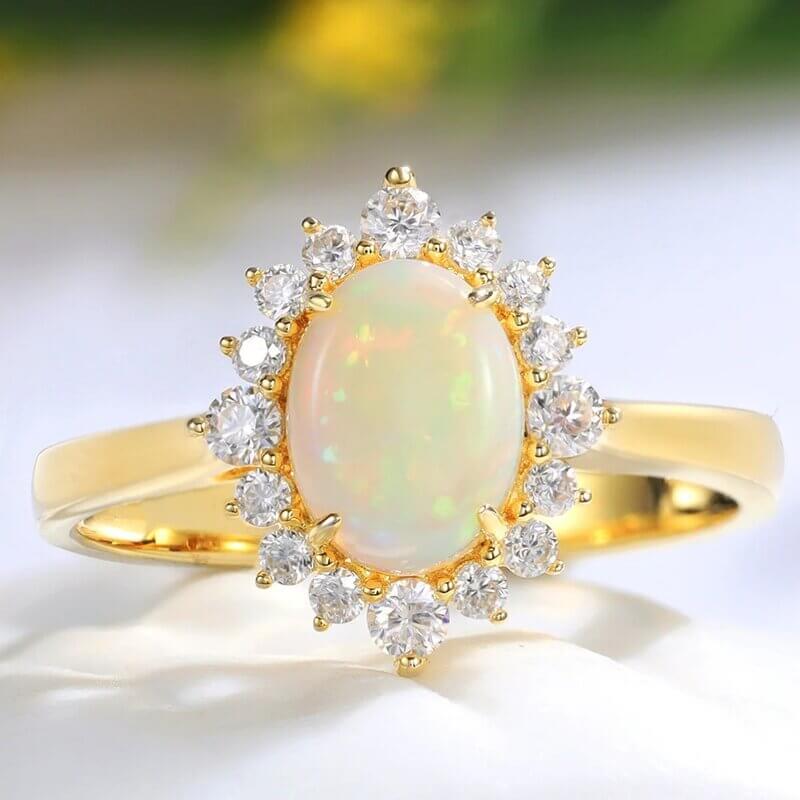 Oval Opal Engagement Ring with Moissanite 14/18k Yellow Gold